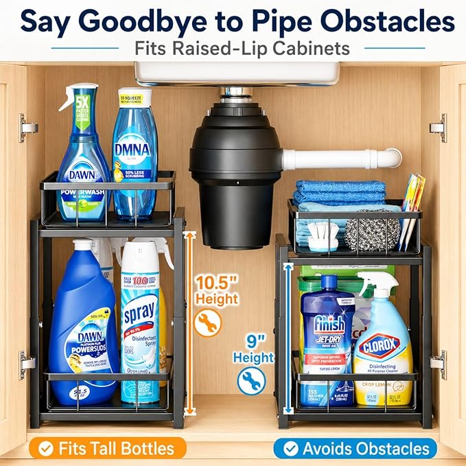 iSPECLE Under Bathroom Sink Organizer - 2 Pack 2 Tier Pull Out Under Kitchen Sink Storage for Centered Garbage Disposal, Reach Back Items Easily Adjustable Shelf Height Heavy Duty H-Frame, Black