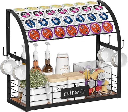 Metal K Cup Holder, 2 Tier Coffee Bar Organizer with 4 Coffee Mug Hooks, Multi-functional Countertop Coffee Station Tray Wooden K Cup Organizer - Black
