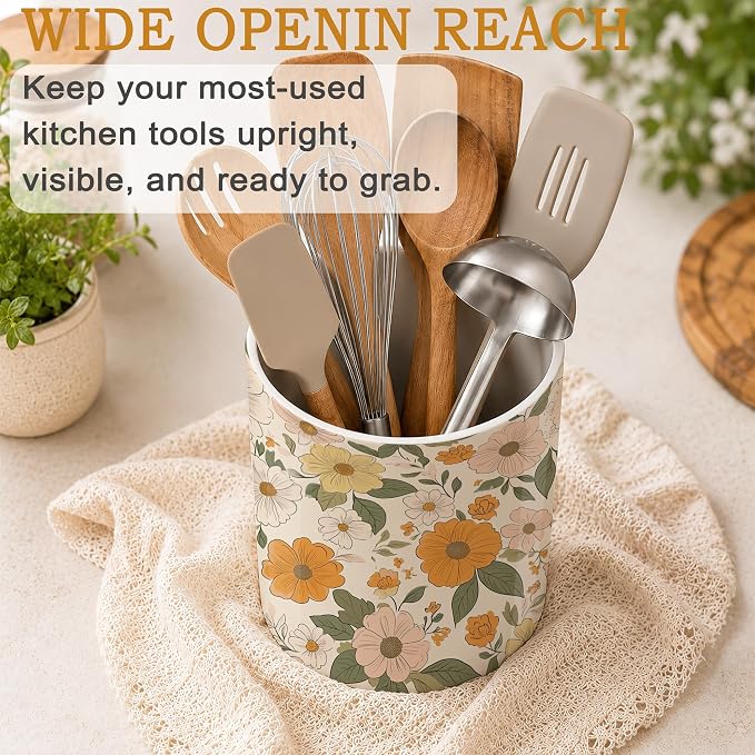 Kitchen Utensil Holder,Retro Boho Groovy Flower Ceramic Utensil Crock for Countertop,Cooking Tools Storage jar for Spatulas and Spoons,Housewarming Gifts 6.3"