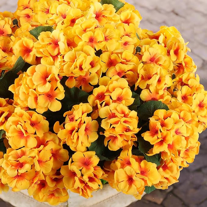 Hananona 12 Pcs Artificial Geranium Flowers for Outdoors Geranium Silk Flowers Outdoor UV Resistant Garden Plants Faux Flowers for Home Kitchen Table Centerpieces Decor (12, Yellow)