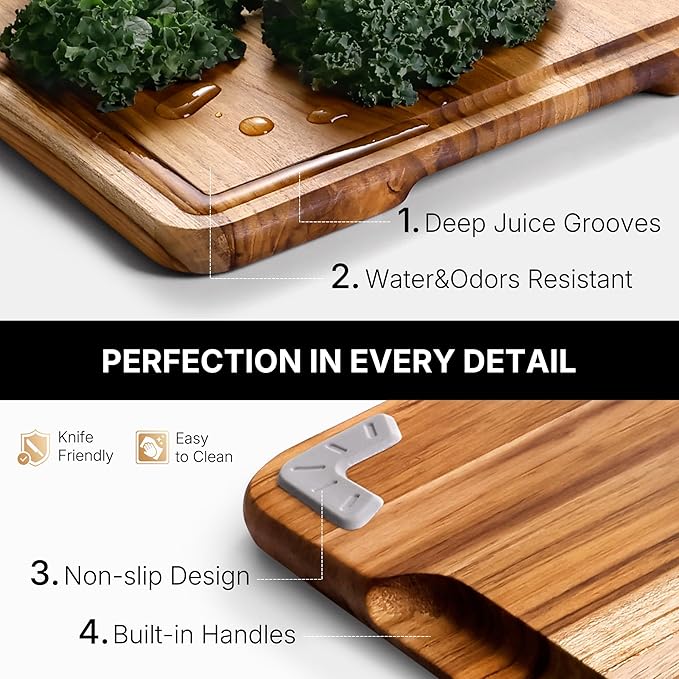 2 Pack Teak Wood Cutting Board for Kitchen Book Wooden Chopping Board Charcuterie Board Non Slip Over Sink Teak Wood NOT Bamboo Acacia Olive