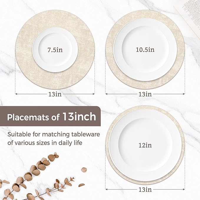 13" Round Placemats Set of 6, Reversible Faux Leather Heat Resistant Table Mats, 100% Waterproof Oilproof Wipeable Table Protective Placemats for Vinyl, Washable for Indoor & Outdoor Use (6, Beige)