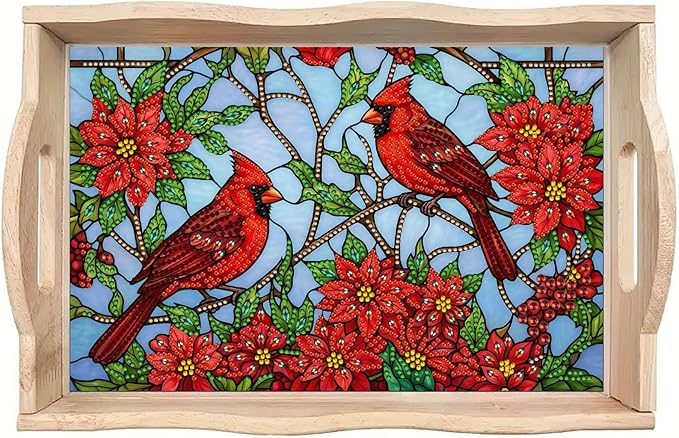 DIY Diamond Art Painting Serving Tray Creative Design Handmade Wooden Rectangular Snack Tray Dinner Plate Drill Craft for Coffee Living Room Home Organizer-Cardinal03