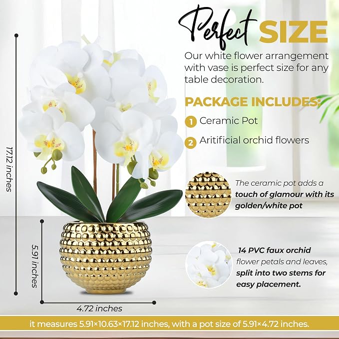 Large Orchids Artificial Flowers, 17'' White Faux Orchids with Gold Pot for Living Room Decor, White Faux Orchid Plant for Bathroom Kitchen Home Indoor Hotel Decor (Large Gold)