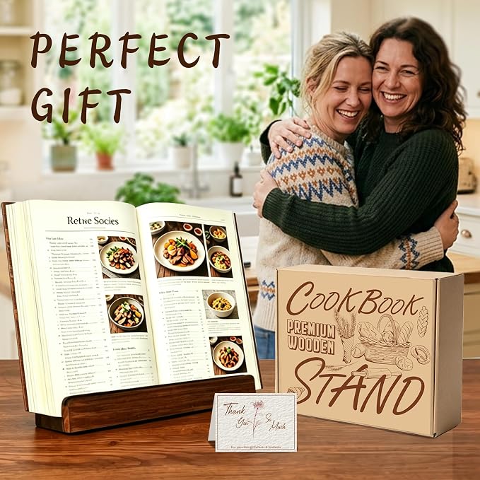 Cookbook Stand for Kitchen Counter, Acrylic Shield Recipe Book Holder, Wooden Cookbook Holder,Adjustable Easily Keep Books Open for Convenient Cooking, iPads Tablets, Retro Kitchen Decor Rustic Brown