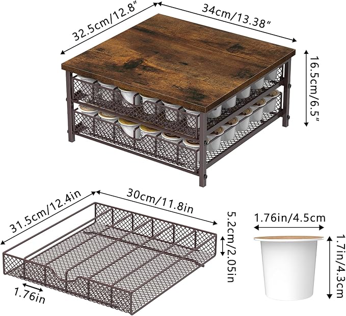 SHINOSKE K Cup Holder,2-Tier Coffee Pod Drawer Holder with Sliding Metal Basket,72 Capacity Coffee Capsule Pod Storage Organizer for Home office,Kitchen Counter,Brown