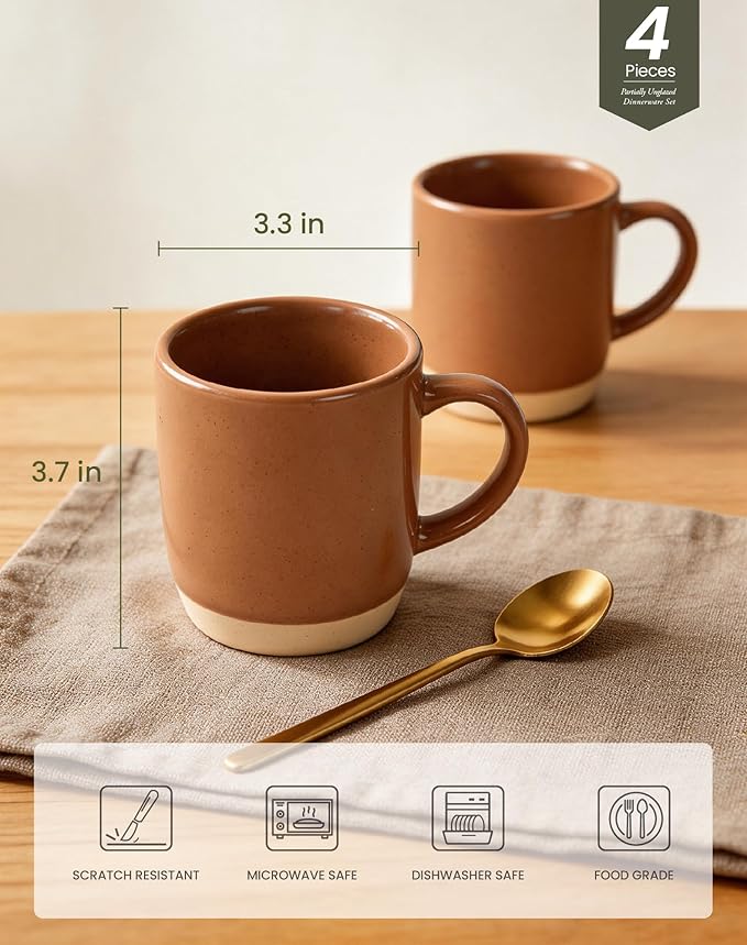 OTAGO Coffee Mugs for 4, 12 oz Mug Set, Partially Unglazed Base,Dringking Cup with Handle for Coffee, Tea, Cocoa, Milk, Brown