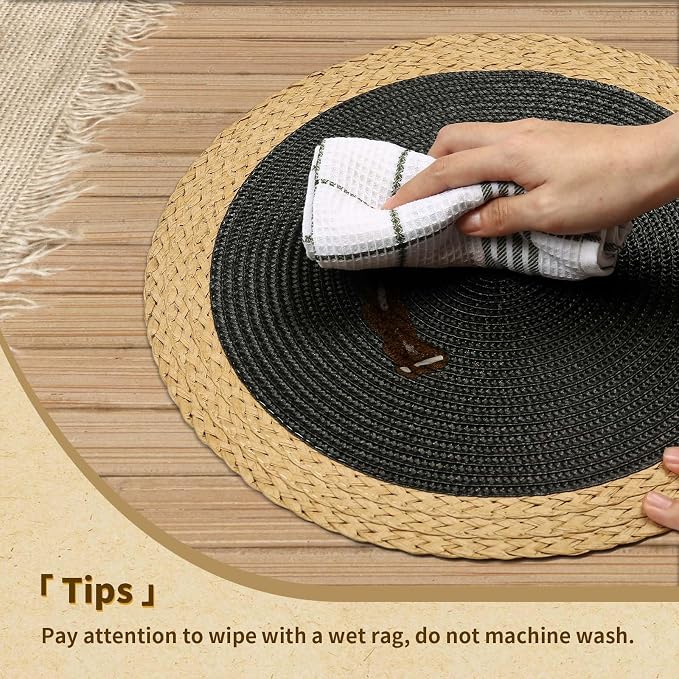 Noctiflorous Braided Round Placemats Set of 6, 15 Inch Woven Table Mats, Non-Slip Washable Wide Edge Place Mats for Kitchen Dining Table Decor (Black, 6)