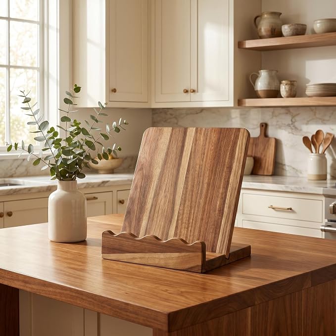 Scalloped Acacia Wood Cookbook Stand, 2-in-1 Holder & Serving Tray | Material: Acacia Wood , Food-Safe | Design: Scalloped Edge, Folds Flat to 1.5" |cookbook stand for kitchen counter