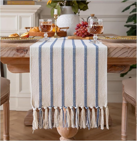 Caflife Boho Table Runner 72 Inchs Long Blue and Beige, Cotton and Linen Woven with Tassels, for Modern Rustic Farmhouse Neutral Table Runners, Bohemian Kitchen Dining Table Home Decor