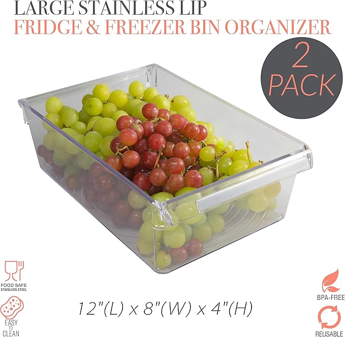 Kitchen Details 2 count Large Refrigerator Storage Bin, Fridge & Freezer, Kitchen Organization, Stainless Steel Handle, Countertop, Cabinets, Pantry, Clear (Pack of 6)