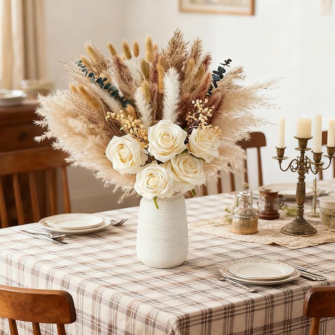 100pcs Dried Pampas Grass with Vase, Includes Artificial Silk Roses, Boho Natural Dried Flowers for Coffee Table Dining Room Home Decor Centerpiece, Farmhouse Rustic Floral Decoration for Living Room