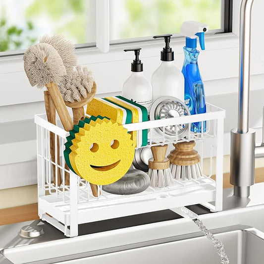 Sponge Holder for Kitchen Sink with Flexible Smiley Face, 2 Tier Kitchen Sink Organizer, Countertop and Storage Essentials, Soap Dispenser Organizer, Home Decor Accessories - White