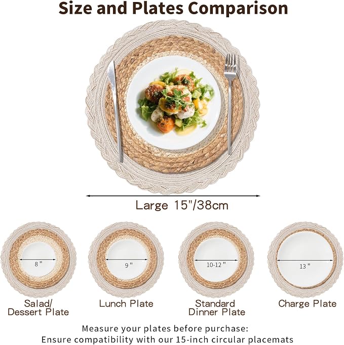 Handmade Round Boho Placemats Set of 4 | Natural Woven & Polyester Braided Combo Table Mats | 8-Piece Versatile Place Mats | Simple Rustic Farmhouse Style Dining Table Decor
