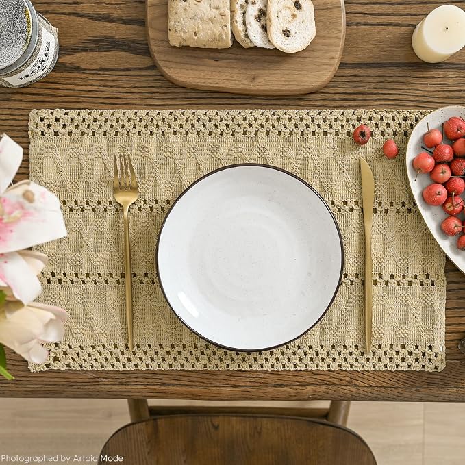 Artoid Mode Burlap Brown Farmhouse Woven Rustic Hollow Placemats Set of 6,12x18 Inch Seasonal Holiday Table Mats Party Kitchen Dining Decoration