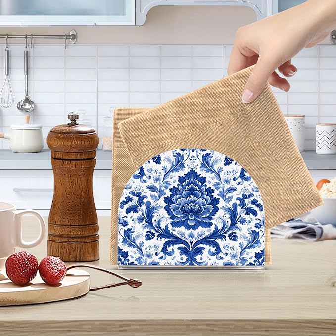 Napkin Holder Acrylic Napkin Holder for Table Kitchen Party Restaurant U Shaped Upright Napkin Dispenser Organizer Classic Blue and White Flower