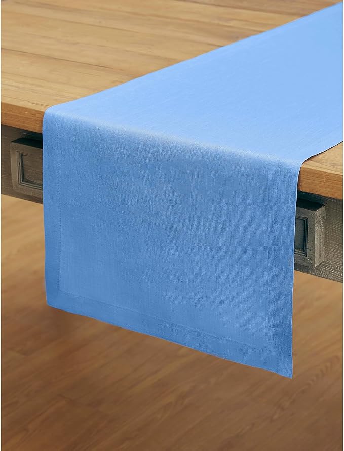Solino Home Linen Table Runner 108 Inches Long - 100% Pure Linen Provence Blue Dining Table Runner 14 x 108 Inch - Fete - Spring, Summer