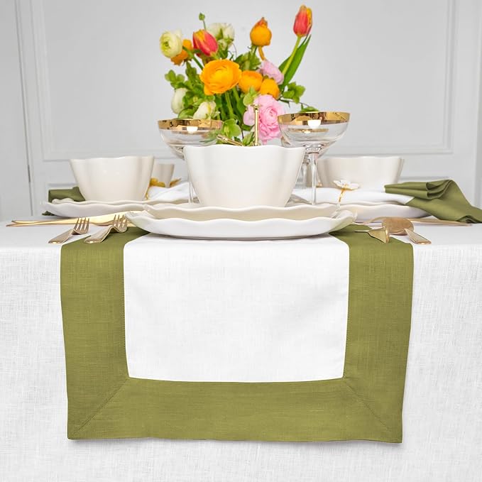 Solino Home 100% Pure Linen Table Runner 14x108 Inch – Avocado & White, Oeko-TEX Certified, Spring & Summer Table Runner for Dining Table, Handcrafted Farmhouse Décor - Contempo