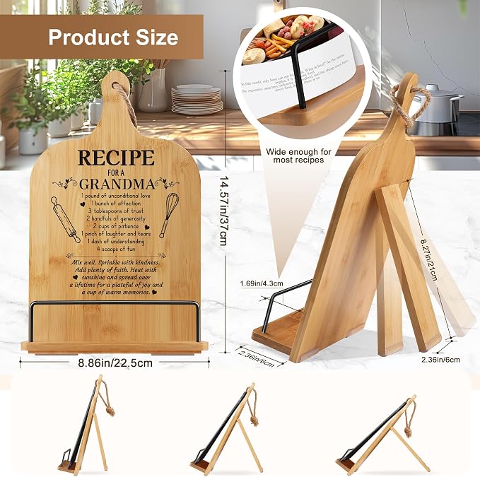 Christmas Gifts for Grandma Retirement Gifts Cookbook Stand Bamboo Recipe Book Holder Kitchen Gifts for Women Adjustable Non-Slip Cook Book Stand for Kitchen Counter