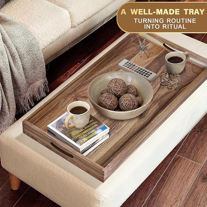 MAONAME Extra Large Ottoman Tray, 40 x 20 inches Wooden Serving Tray for with Handles, Acacia Wood Serving Platter Trays for Living Room, Breakfast