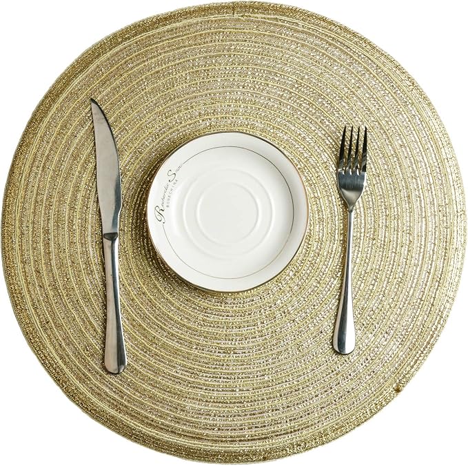 SHACOS Gold Glitter Round Placemats Set of 6 Bling Circle Place Mats Washable Table Mats for Christmas Holiday Party Wedding Shower Table Decor (6, Gold)