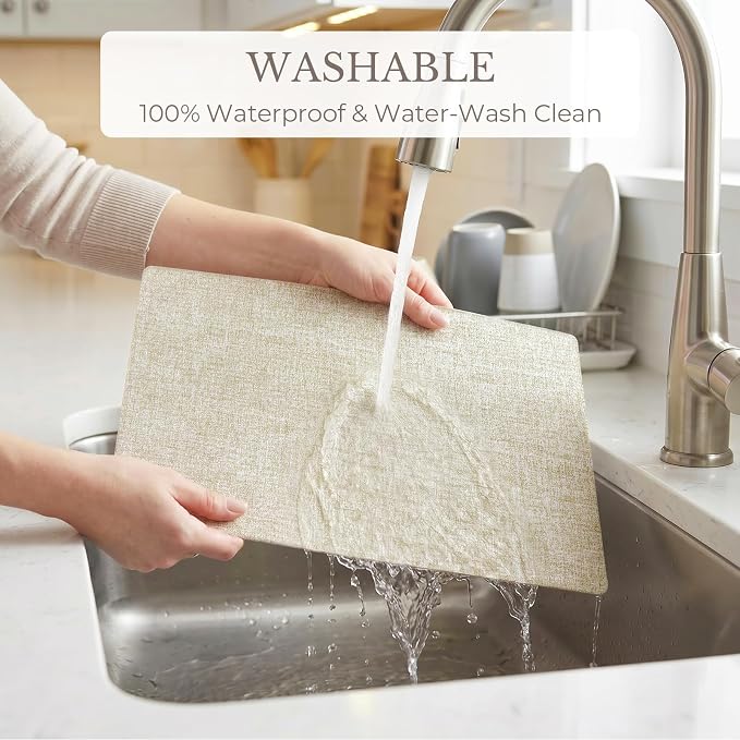 Romanstile Vinyl Placemats Set of 6-12 X 17 Inch - Faux Leather 100% Waterproof Wipeable Anti Slip Place Mats, Heat Resistant Reversible PU Table Mats for Kitchen Dining Party Outdoor, Beige
