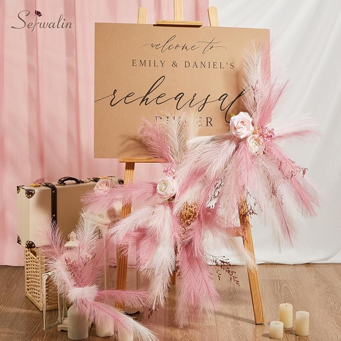 Serwalin 60 Pcs Pampas Grass, 17.7" Pink Pampas Grass Decor, Faux Pampas Grass Home Decoration Wall Decor Vase Filler for Wedding Centerpieces Party Decorations, Pink Valentines Decor