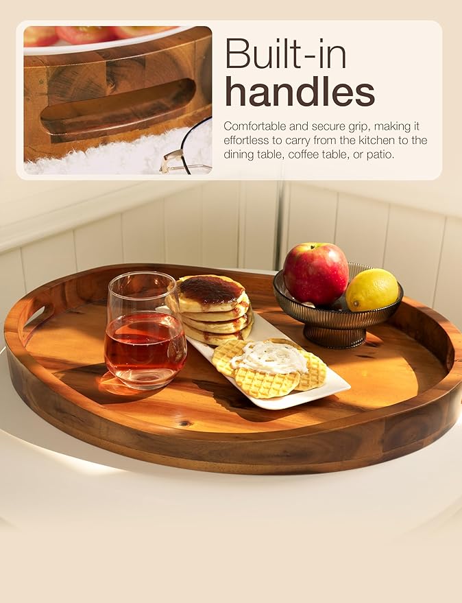 TIDITA Acacia Oval Wooden Serving Tray with Handles - 16.5" x 13" Ottoman Table Oval Wooden Tray - Round Serving Tray - Ottoman Tray for Living Room, Coffee Table Decor, Serving Platter (Acacia)