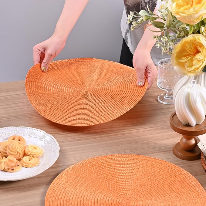 Feuille Round Braided Placemats Set of 4 Place Mats for Dining Table Woven Washable Non-Slip Table Mats 13.5 Inch Orange 4pcs