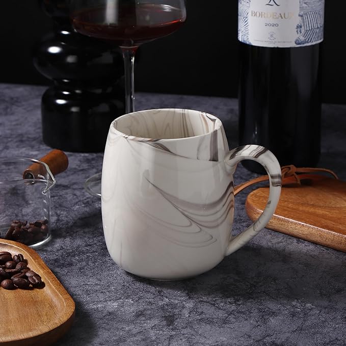 Lorren Home Trends Marble Pattern Stoneware Coffee Mugs, Brown and White Swirl Design, Set of 4