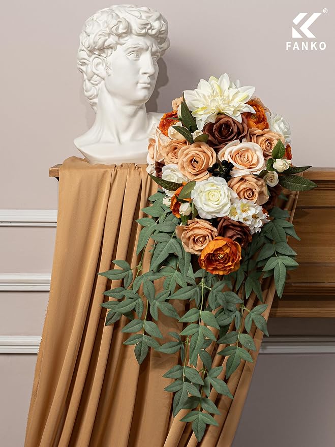 FANKO Artificial Flowers for DIY, Brown Burnt Orange White Faux Flowers Bouquet, Colorful Fake Rose Dahlia Ranunculus Silk Flowers for Vase, Home Decor, Garland, Summer Wedding, Birthday, Party