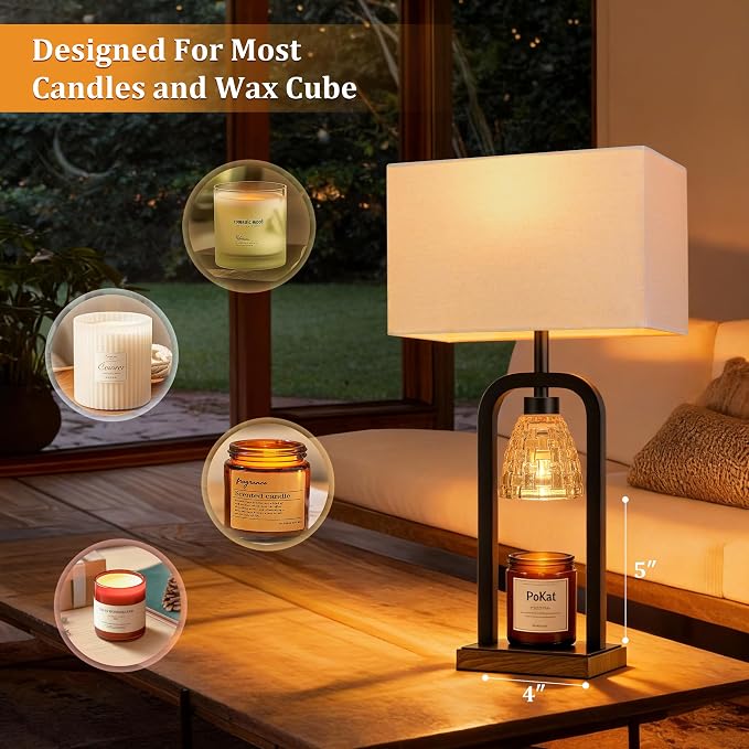 PoKat Electric Candle Warmer Lamp Black, Candle Lamp Warmer with Timer Dimmer & Wood-Like Base, Wax Light Warmer Lamp Jar Candles, Farmhouse Table Lamp for House Warming New Home Decor, Bulb Included