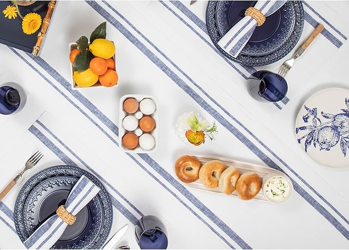 Solino Home Linen Table Runner 156 Inches Long - 100% Pure Linen Navy and White French Stripe Table Runner 14 x 156 Inch for Dining, Spring, Summer, 4th of July