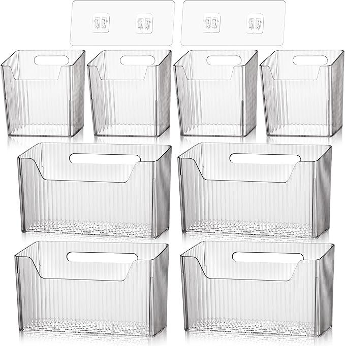 SiliFine 8 Pcs Storage Organizer Bins Wall Mounted Organizer Basket Plastic Cabinet Door Bins Stackable Hanging Baskets for Organizing for Wall Refrigerator Kitchen Bathroom Pantry(3.94'',Clear)