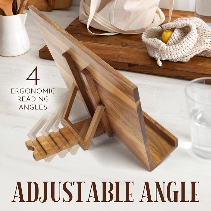 Acacia Cookbook Stand for Kitchen Counter – Adjustable Wooden Recipe Book Holder for Cookbooks, Recipe Binders & Tablets | Foldable Wood Book Stand with Bamboo Phone Holder | Gift-Ready Kitchen Set