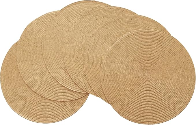 Winknowl Round Braided Placemats Set of 6 Washable Woven Heat Resistant Table Mats for Kitchen Dining Tables 15 inch Round Place Mats (Camel,6pcs)