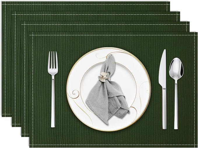 Niviy Dark Green Christmas Placemats Set of 4, 12x18 Inch Washable Easy to Clean Heat-Resistant Anti-Skid Grey Placemats for Holiday Party Kitchen Dining Room Decoration