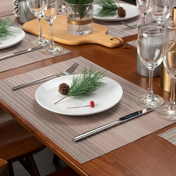 Winknowl Placemats Set of 6, Washable Vinyl Woven Placemats, Heat Resistant & Wipeable Table Mats for Kitchen Dining Table (Pink Gold)