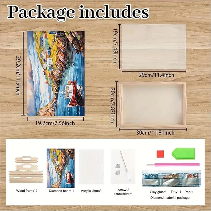 BAYUNOE DIY Diamond Serving Tray Rectangular Breakfast Tray with Handle Handmade Diamond Art Painting Wooden Tray Spring Creative Dinner Plate Coffee Room Living Home Organizer-Seaside Village