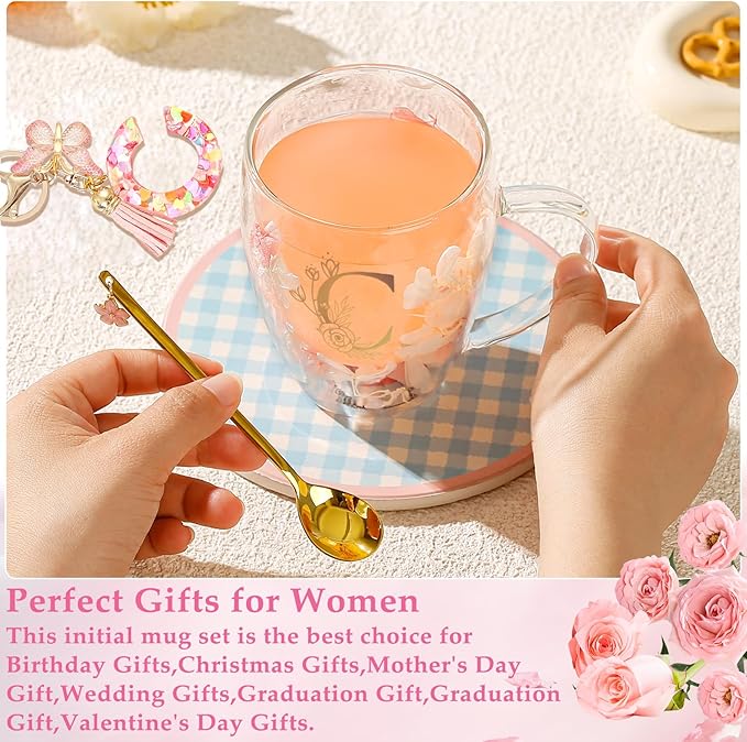 Personalized Gifts for Women Flower Double Wall Glass Coffee Mug Initial Tea cup Monogrammed Customized Bridesmaid Bride Wedding Gift Graduation Gifts Valentine Mother's Day Birthday Christmas Gift(C)