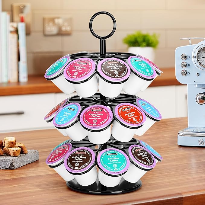 ROWISE Coffee Pod Holder, Coffee Pod Carousel Holder Organizer（27 Pods, Kitchen Detachable Organizer for Countertop, Spins 360-Degrees Carousel