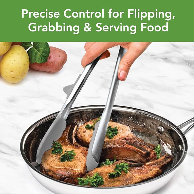 Tovolo Tip Top Tongs, Easy-Grip Kitchen Tongs for Cooking With Silicone Tips, Easy Locking Mechanism, Cooking Utensil With Resting Foot, Heat-Resistant & BPA-Free Silicone Tips, Oyster Gray
