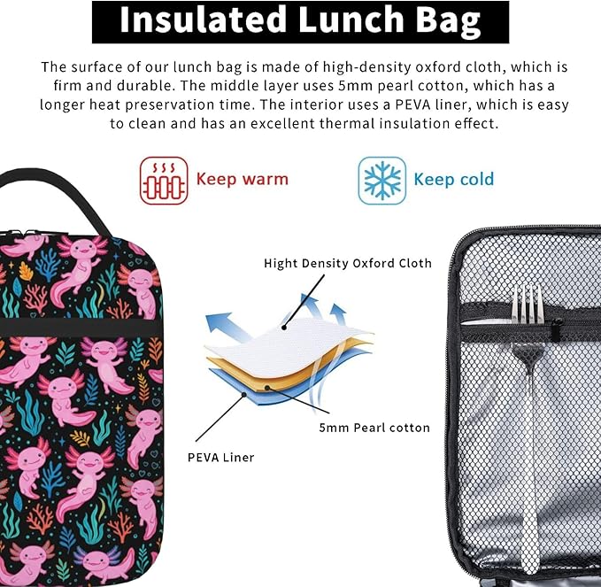 Axolotl Insulated Lunch Box - Leakproof Reusable Cooler Tote with Side Pocket, Thermal Meal Prep Bag with Reinforced Handle for Men Women, Office Work, Picnic, Hiking & Travel