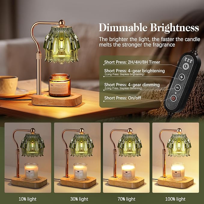 Candle Warmer Lamp with Timer Dimmer, Modern Wax Warmer for Scented Wax Jar Candle Warmer with 2 Bulbs, Adjustable Height Glass Lamp for Gifts for Women, Home Decor, Gold Green