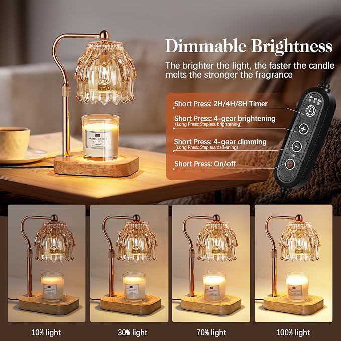 Candle Warmer Lamp with Timer Dimmer, Modern Wax Warmer for Scented Wax Jar Candle Warmer with 2 Bulbs, Adjustable Height Glass Lamp for Gifts for Women, Home Decor, Gold Amber