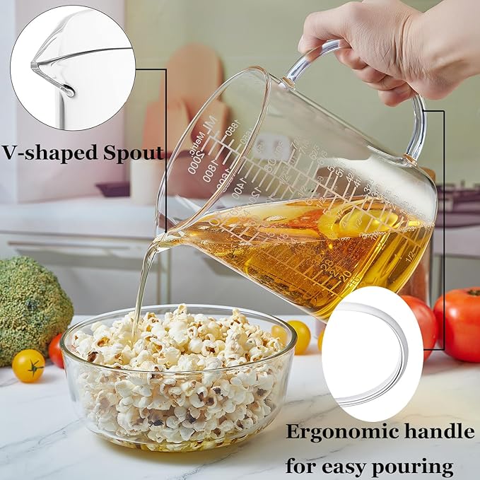 Ackers BORO3.3 Borosilicate Glass Measuring Cup with Insulated Handle, V-Shaped Spout, Clear, 2000ml/64oz Capacity, Etched Graduation, Easy to Read
