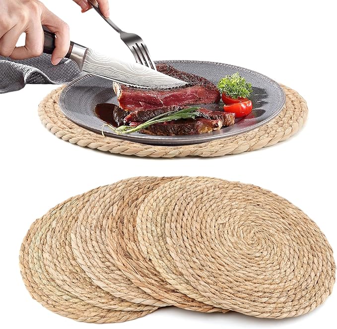6Pcs Round Woven Placemats - 12 Inch Rattan Non-Slip Wicker Farmhouse Weave Place Mats - Natural Hand Woven Chargers for Dining Table, Home, Wedding