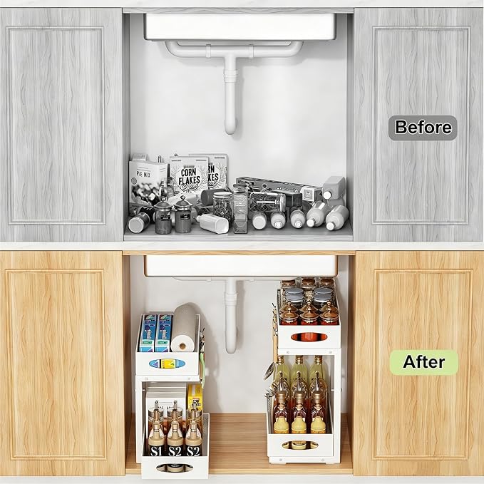 Under Sink Organizer, Pull Out Cabinet Organizer, White | Rustproof Carbon Steel, 2 Tier Mesh Sliding Drawers, 5-Level Height Adjustable to Bypass Pipes, for Kitchen Bathroom Laundry