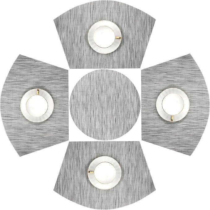 SHACOS Round Table Placemats Set of 5 Woven Vinyl Wedge Placemats with Centerpiece Round Table Mats Heat Resistant Wipe Clean (5, Silver Grey)