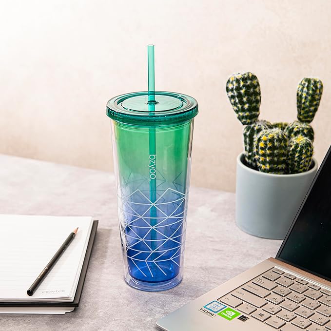 bzyoo SIP 24oz (710ml) Double Wall Plastic Tumbler with Lid and Straw Cold Drink Travel Mug Party Reusable Cup For Office Outdoor Dining Gift For Him & Her (Blue & Green)